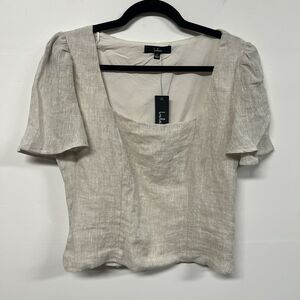 Lulus Square Neck Linen Top Womens Size L Cream Cropped Flutter Sleeve Lined